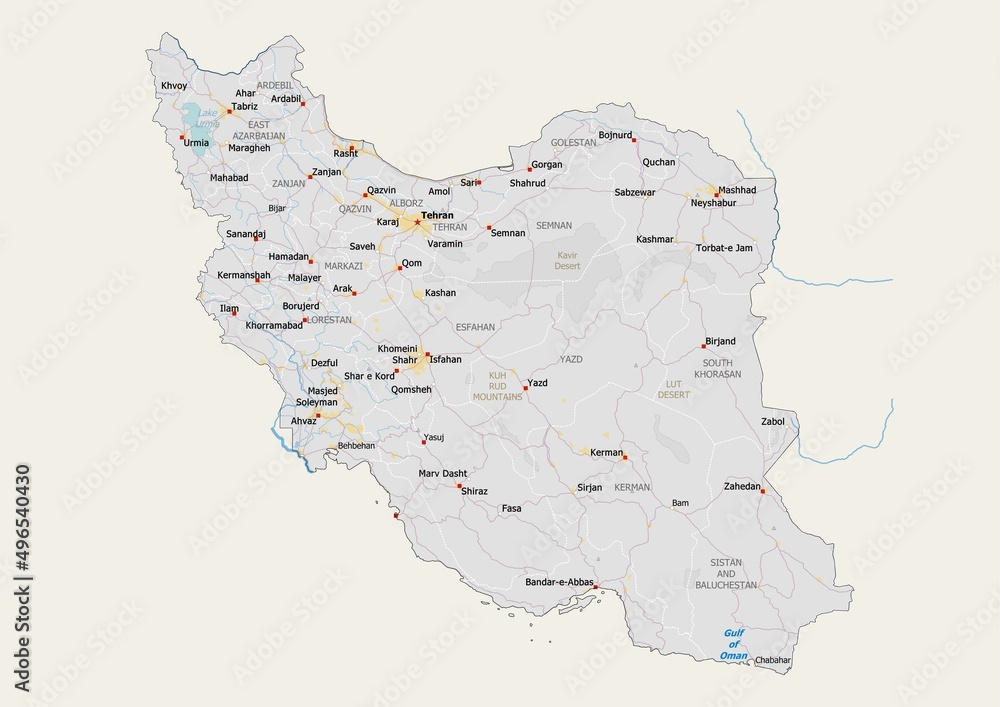 Isolated map of Iran with capital, national borders, important cities ...