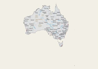 Isolated map of Australia with capital, national borders, important cities, rivers,lakes. Detailed map of Australia suitable for large size prints and digital editing.