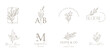 Elegant, botanique logo collection, hand drawn illustrations of flowers, leaves and twig, delicate and minimal monogram design