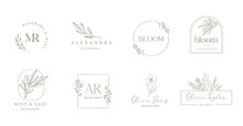 Elegant, Botanique Logo Collection, Hand Drawn Illustrations Of Flowers, Leaves And Twig, Delicate And Minimal Monogram Design