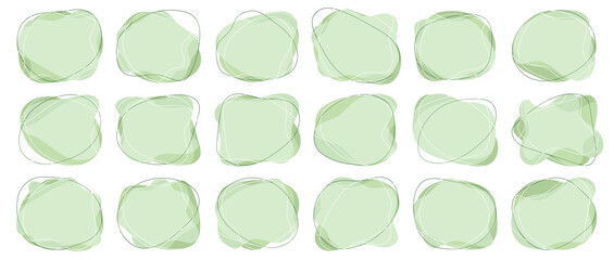 Wall Mural - Green organic blob shape with irregular form abstract linear vector illustration. Random oval figure with line, asymmetric spot, round amoeba blot. Set of contemporary eco bubble blotch background