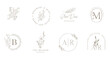 Elegant, botanique logo collection, hand drawn illustrations of flowers, leaves and twig, delicate and minimal monogram design