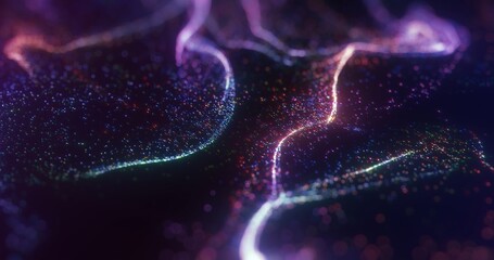 Wall Mural - abstract dynamic wave of particles and fluid formation on dark background. wave of bright particles.