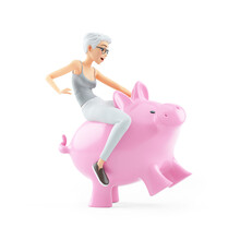 3d Senior Woman Riding Piggy Bank