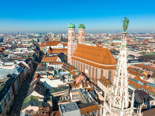 Wall Mural - aerial view on marienplatz town hall and frauenkirche in munich, germany