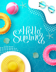 Wall Mural - Summer vector poster design. Hello summer greeting text in sea water pattern with floaters, hat and beach ball elements for relax tropical season. Vector illustration.
