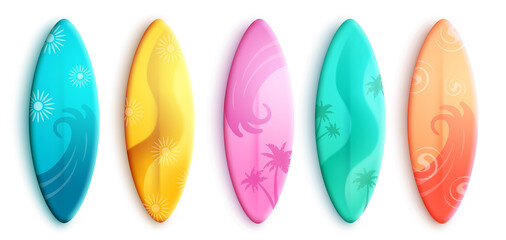 Wall Mural - summer surfboard vector set design. 3d surf boards in colorful pattern decoration isolated in white 