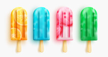 Popsicles Vector Set Design. Popsicle Desserts With Orange, Strawberry And Sweet Flavors Isolated In White Background For 3d Realistic Collection. Vector Illustration.
