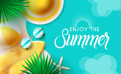 Wall Mural - summer vector background design. enjoy the summer text in blue pattern with hat, beachball and surfb
