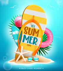 Wall Mural - Summer vector concept design. It's summer time text in giant flip flop with beach background tropical season objects for holiday decoration. Vector illustration.
