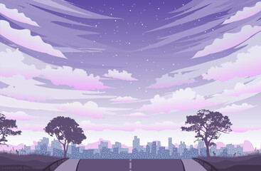 Japanese view panorama, vector, sunset. Flat anime style