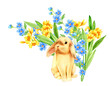 Watercolour illustration with spring flowers and a rabbit. Perfect for Happy Easter, Mother's Day, Birthday