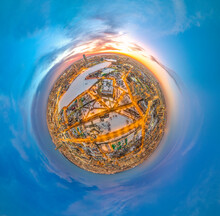 Aerial Winter City View With Crossroads And Roads, Houses, Buildings, Parks And Bridges. Copter Shot. Little Planet Sphere Mode.