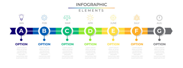 Horizontal row timeline infographic elements plan concept design vector with icons and arrow elements. Seven annual process network project template for presentation and report.