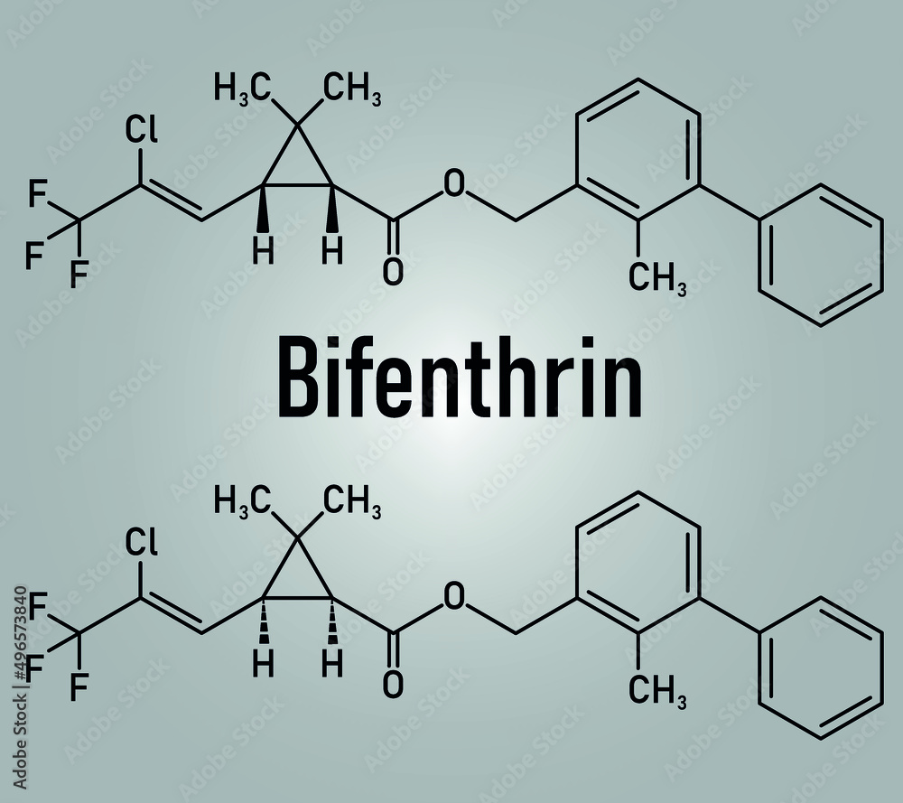 Pyrethroid Formula Bifenthrin insecticide molecule (pyrethroid class). Skeletal formula ...