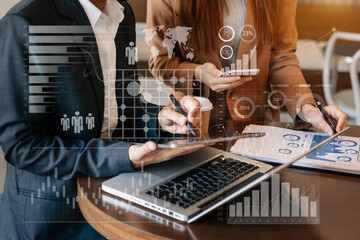 Wall Mural - business analytics concept. business team hands working with provide information for key performance
