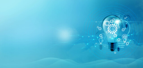 Leinwandbilder - Innovation and new idea, Light bulbs with gear for  New ideas of technology and business, Development of creativity on global networking. inspiration and new ideas.