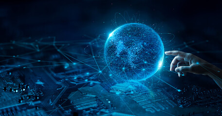 Wall Mural - hand touching global networking on data connection. science. big data. internet technology. business