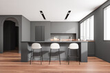 Fototapeta Przestrzenne - Grey kitchen interior with island and bar chairs, kitchenware and panoramic window