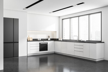 Wall Mural - Light kitchen interior with fridge and kitchenware, panoramic window