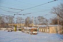 Trams In The Parking Lot Of The Tram Park In The Snow