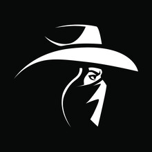 Cowgirl Outlaw Portrait White Symbol On Black Backdrop. Design Element