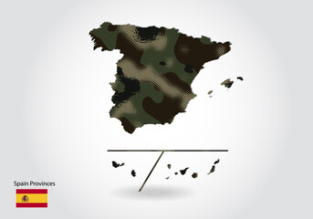 Wall Mural - spain Provinces map with camouflage pattern, Forest - green texture in map. Military concept for army, soldier and war. coat of arms, flag.