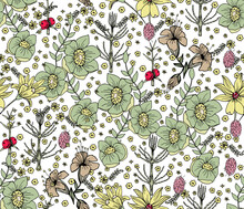 Neutral Color Botanic Seamless Patterns With Weeds And Horsetail And Hellebore.