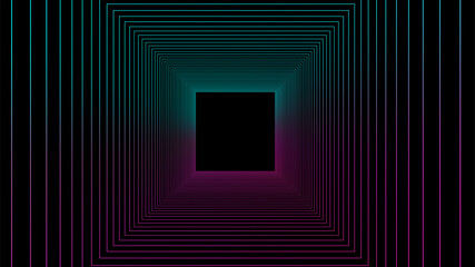 Wall Mural - Technology wireframe square tunnel on dark background. Futuristic 3D wormhole grid. Digital dynamic wave. Vector illustration.