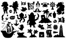Vector Pirate Silhouettes Set. Cute Sea Adventures Black Icons Collection. Treasure Island Shadow Illustrations With Ship, Captain, Sailors, Chest, Map, Parrot, Map. Funny Pirate Party Elements.