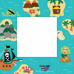 Wall Mural - Pirate party greeting card template with cute marine landscape plan or map. Square poster with treasure island scene or invitation for kids. Bright sea holiday illustration with place for text.