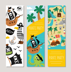 Wall Mural - Cute pirate vertical cards set with ship, captain, chest, map, palm trees, octopus, seagull. Vector treasure island vertical print templates. Marine party bookmarks designs.