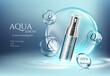 Aqua skin care cosmetic ad promoting poster template. Underwater  blue sunlight ray bubble vector and deep sea realistic background 3d illustration.