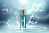 Aqua skin care cosmetic ad promoting poster template. Underwater  blue sunlight ray bubble vector and deep sea realistic background 3d illustration.