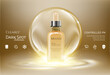Gold serum essence oil bottle on bubble liquid effect background. Premium skincare treatment ad concept template. Vector gold water gold bubbles. 3D illustration