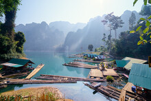 Wooden Bungalows In Khao Sok National Park, Surat Thani, Cheow Lan Lake. Beautiful Landscape With Lake In Jungle.