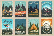 Set Of Camping Retro Posters. Vector Illustration. Vintage Typography Design With Climber, Bear And Campfire, Carabiners, Climbing Cams, Hexes, Camper Tent, Axe, Mountain, Man With Guitar.