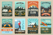 Set Of Camping Retro Posters. Vector. Concept For Patch, Shirt, Print, Stamp Or Tee. Vintage Typography Design With Kayak, Climber On The Ice Mountains, Canoe, Paddle, Camping Tent And Forest.