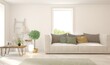 © AntonSh - White living room with sofa. Scandinavian interior design. 3D illustration