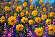 Flowers Painting, Yellow Wildflowers Chamomile And Purple Flowers Oil Paintings Landscape Impressionism Artwork