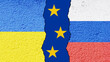 Ukraine-Russia-EU conflict. Country flags on broken wall.