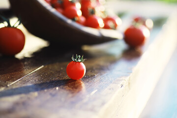 Wall Mural - Ecological fresh farm cherry tomatoes on a wooden background.