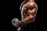 Muscular man working out with dumbbells, isolated on black background. Strong male naked torso abs