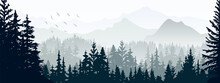 Horizontal Banner. Magical Misty Landscape. Silhouette Of Forest And Mountains, Fog. Nature Background. Gray And White Illustration. ​Bookmark.