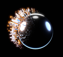 Wall Mural - Abstract neon glossy shapes around a black ball.  3D rendering illustration.