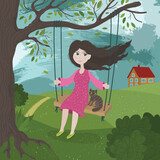 Fototapeta Pokój dzieciecy - Spring is coming card. Girl and nostalgia. A girl and cat on a swing. Best time poster. Nostalgia for the homeland. A woman remembers her childhood. Colored flat vector illustration 