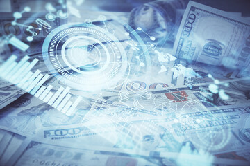 Fototapete - Multi exposure of business theme drawing over us dollars bill background. Concept of financial success.