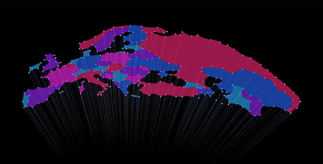 Wall Mural - Europe map from particles. Wave of data from nodes. Vector abstract globe background. Stream by glowing dots.