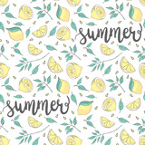 Fototapeta  - Fresh lemons background, hand drawn icons. Doodle wallpaper vector. Colorful seamless pattern with fresh fruits collection.