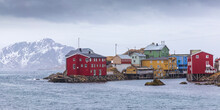 Nyksund Norway 02-28-2022.  Old fishing village with typical colorful houses at Kyksund in Vesteralen Islands Norway.